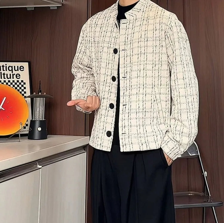 Men's Spring High-End Plaid Blazer Bad Boy Style Cropped Jacket Chinese Stand Collar Suit Outerwear