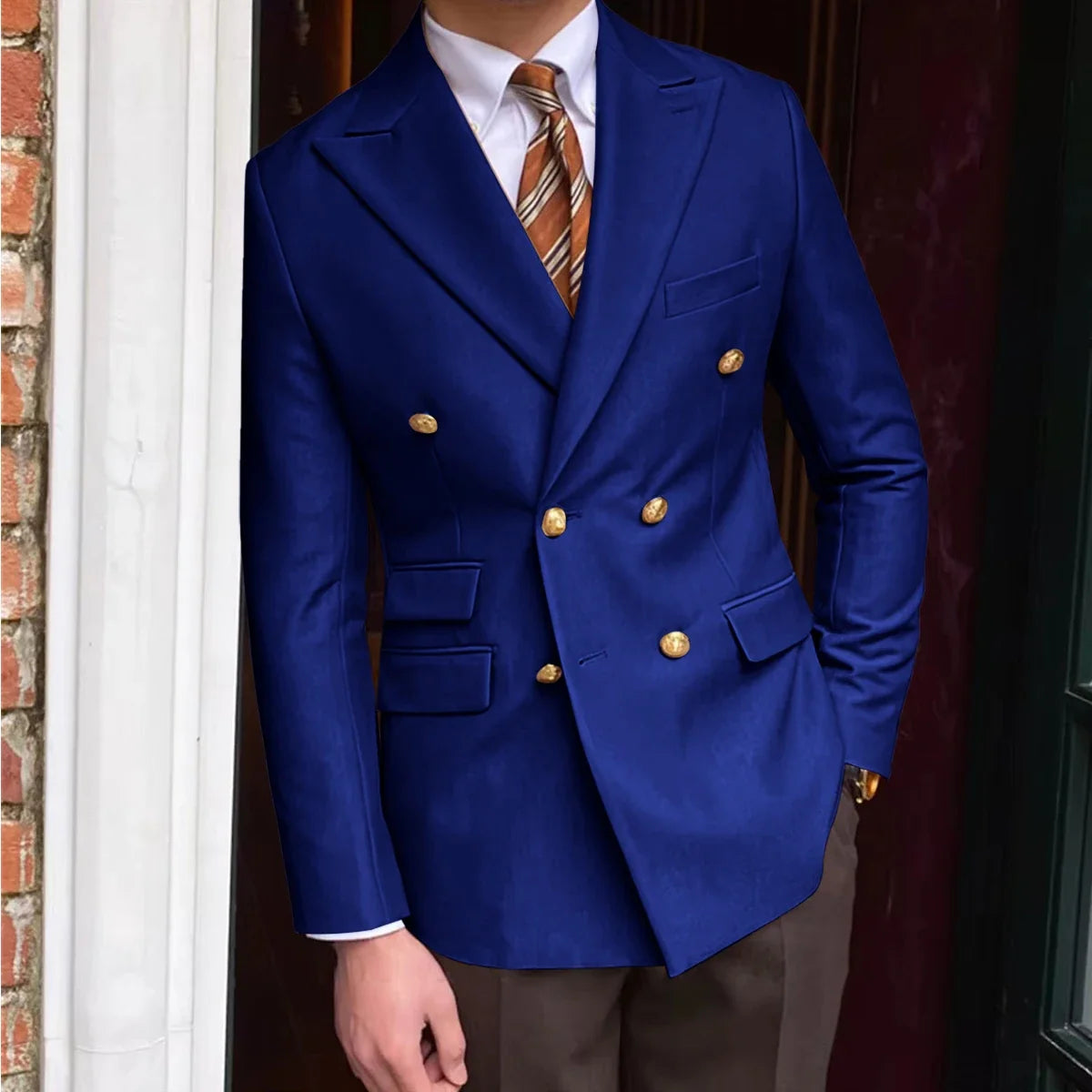 Men's Brown Serge Blazer Double Breasted Peak Lapel Gold Button Slim Fit British Style Fashion Suit Jacket Formal Business Casua