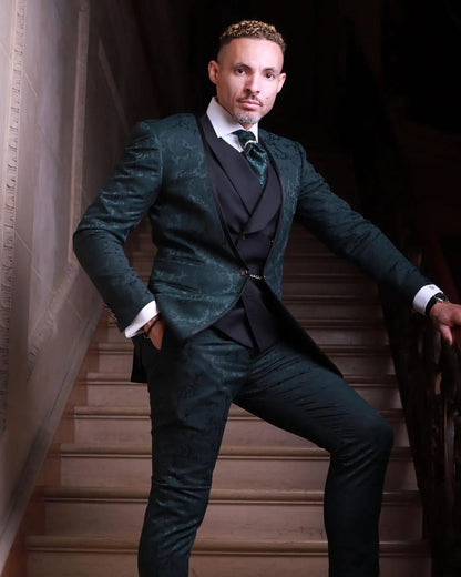 Jacquard Men's Suit 3 Pieces Blazer Black Vest Pants One Button No Lapel Business Slim Fit Formal Wedding Groom Costume Homme