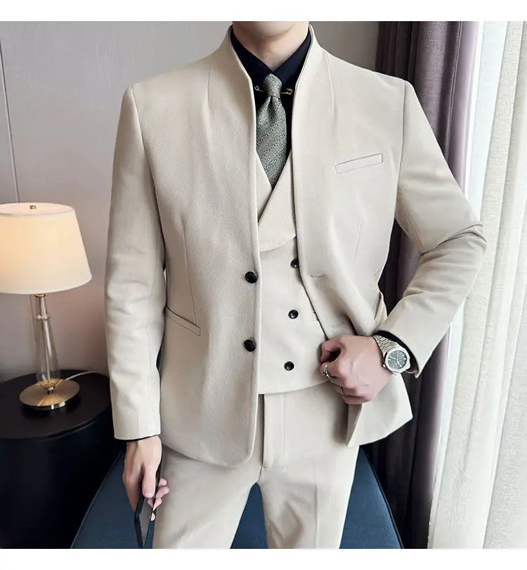 Men's 3-Piece Slim Fit Stand Collar Suit – Wedding, Prom & Office Formal Set