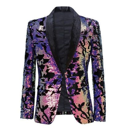 Men's Slim Fit Velvet Tuxedo Blazer Sequin Shawl Lapel One Button Wedding Party Banquet Jacket Shiny Suit Singer Studio Shoot
