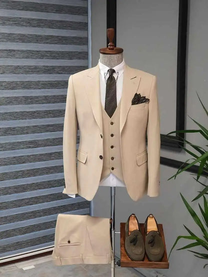 Formal Khaki Men Wedding Suits Groom Tuxedos Slim Fit Business Suits Peak Lapel Jacket 3 Piece Costume Homme (Blazer+Pants+Vest)