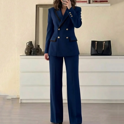 Women Red Contrast Trim 2 Piece Suit Double Breasted Blazer Straight Fit Office Business Outfit Ladies Formal Party Pant Suits