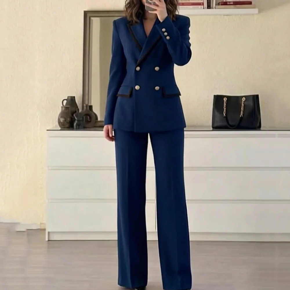 Women Red Contrast Trim 2 Piece Suit Double Breasted Blazer Straight Fit Office Business Outfit Ladies Formal Party Pant Suits
