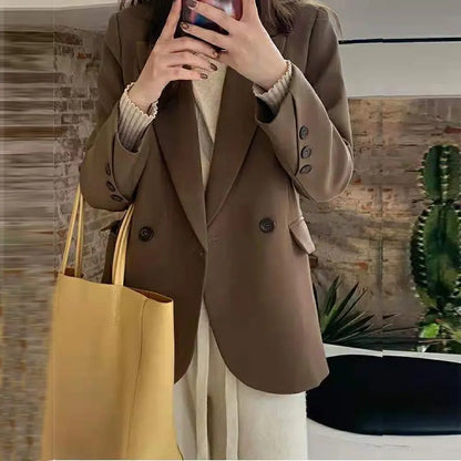 Women's 2025 SS FW Brown Double Breasted Loose Blazer Korean Trendy Casual Workwear Slimming Chic Fashion Internet Hot Jacket