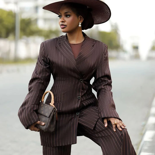 Elegant Women's Brown Pinstripe Suit Vintage Formal Evening Party 2 Piece Matching Sets Notch Lapel Single Breasted Jacket Pants