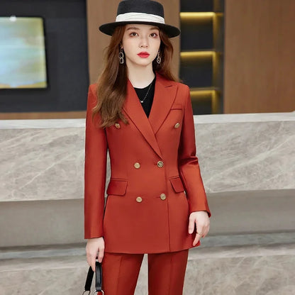 2025 Button Decoration Formal Jacket Blazer and Trouser 2 Piece Set Fashion Pink Green Black Ladies Work Wear Pant Suit Women