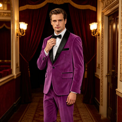 Men's Velvet 2-Piece Tuxedo Suit Satin Shawl Lapel Slim Fit Blazer & Pants for Wedding, Prom & Banquet