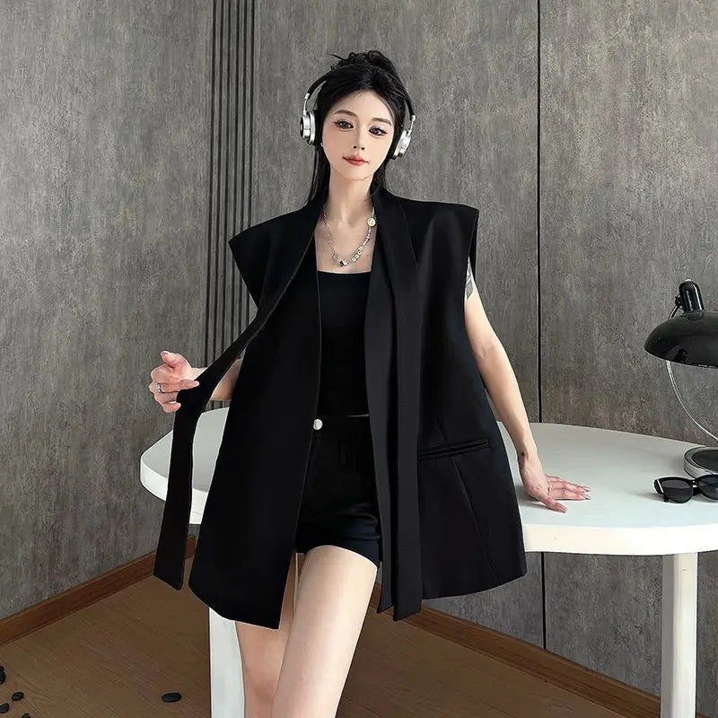 Women Black Blazer Vest Spring Autumn Casual Sleeveless Suits Jacket Female Korean All-Match Blazers Waistcoat Loose Outwear Top