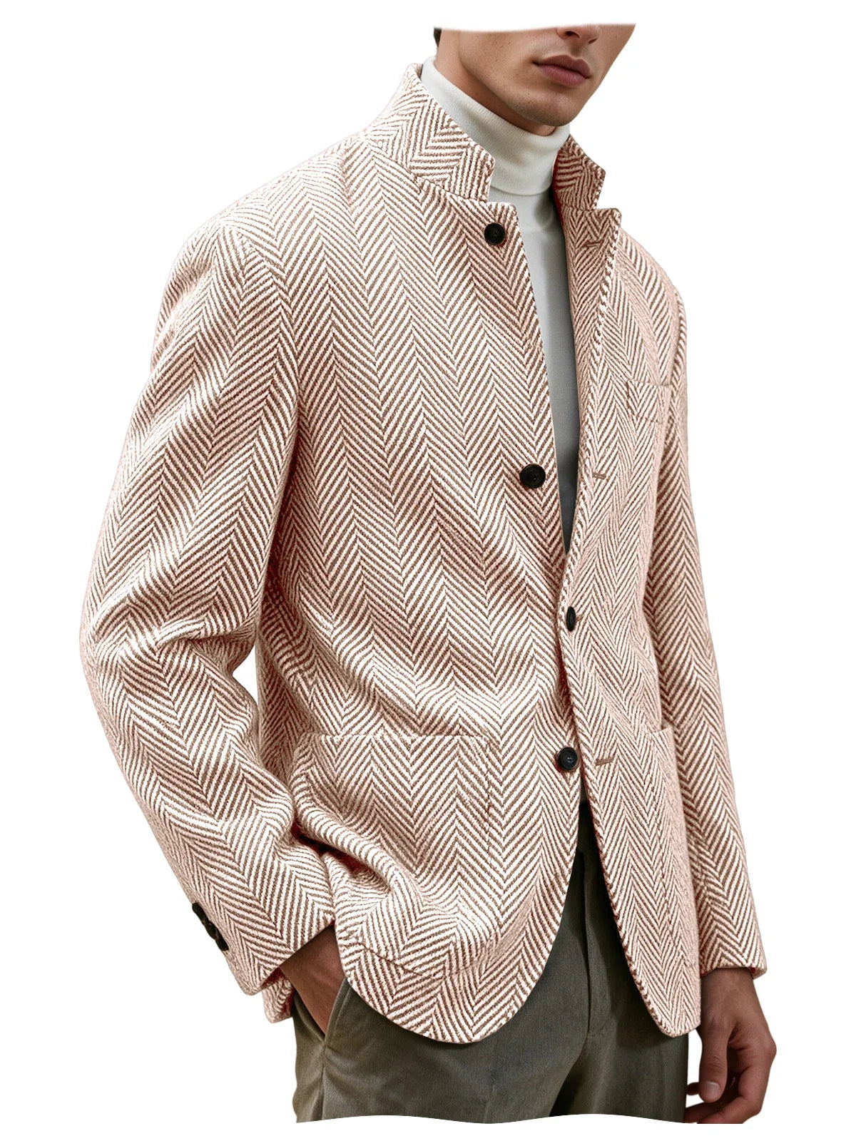 Men's Herringbone Tweed Stand Collar Blazer  Notch Lapel Slim Fit Wool Blend Sport Coat Business Casual Wedding Prom Man Jackets