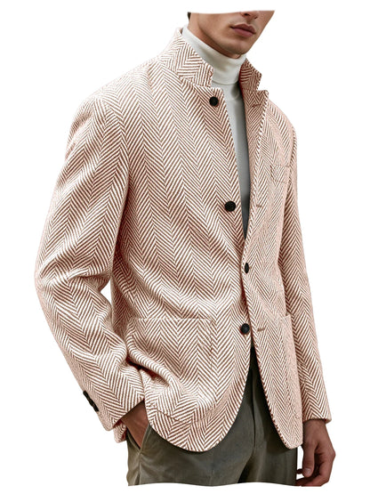 Men's Herringbone Tweed Stand Collar Blazer  Notch Lapel Slim Fit Wool Blend Sport Coat Business Casual Wedding Prom Man Jackets