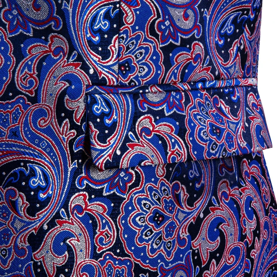 Blue Paisley Jacquard Mens Tuxedo Blazer, Black Satin Shawl Lapel Single Button Suit Jacket for Party Stage Banquet
