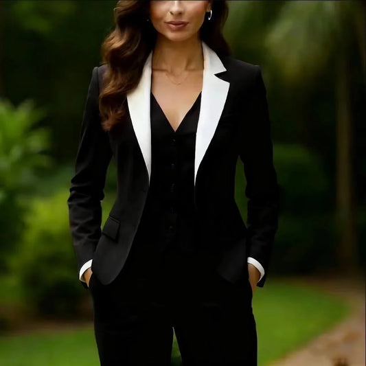 3 Piece Set Jacket Vest Pant White Collar Black Blazer Women Suits Lady Business Office Mother Wedding Party Formal Ladies