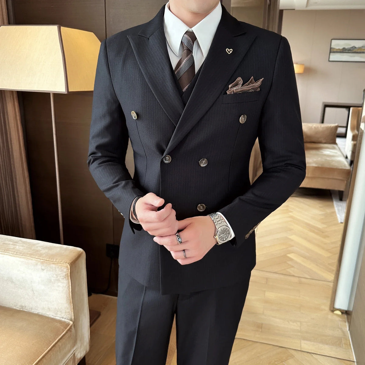 Men's Double Breasted Three Piece Wedding Suit – Slim Fit Smart Casual