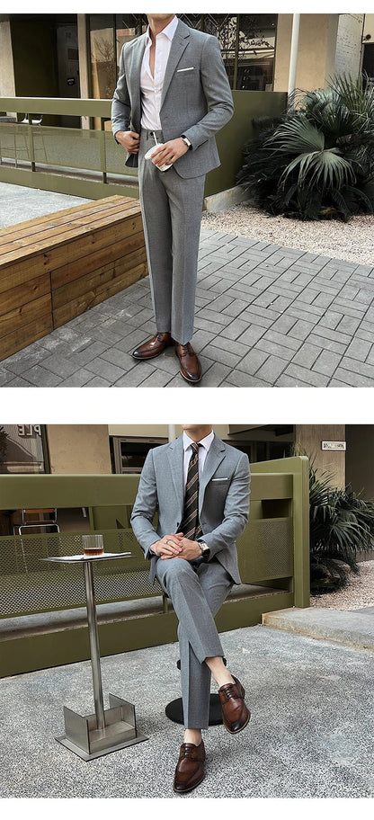 (Jacket +Pants) 2025 New Luxury Elegant Men's Suits 2 Piece Set Fashion Korean Casual Slim Fit Social Groom Wedding Tuxedo