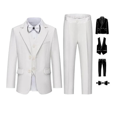 Gentleman Kids Blue 4Piece/Set Jacket Vest Pants Bowtie Photograph Suit Boys Piano Dress Children Graduation Performance Costume