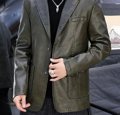 Men's Faux Leather Blazer Jacket Autumn Winter Warm Fleece Lined Casual Versatile Outerwear