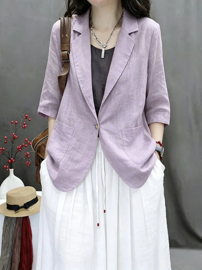 2026 New Summer Casual Cotton Linen Short Coat Women's Pure Color Suit Top Versatile Loose Fit Thin Material Seven Sleeve