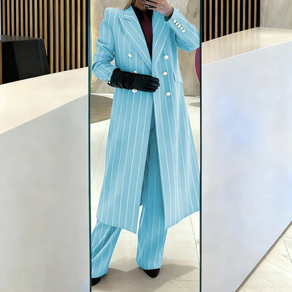 Burgundy Women's Suits Pinstripe Double Breasted Peaked Lapel Long Coat+Pants Set Elegant Formal Office Evening Party Outfit