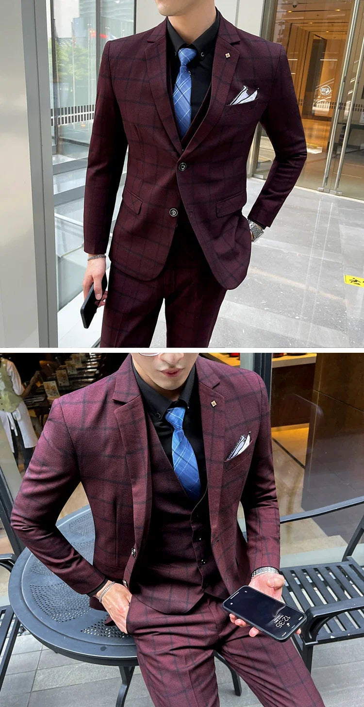 Men's 3-Piece Suit Set Stylish Handsome English Plaid All-fit Jacket Waistcoat Trousers M-5XL 2025 Trendy Men's Formal Wear