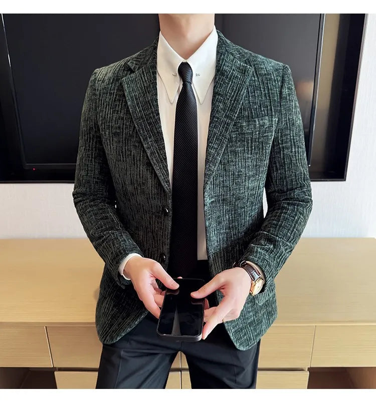 2025 Winter Chenier Thick Suit Jacket for Men Korean Slim Fit Casual Business Men Blazers Wedding Groom Office Social Dress Coat