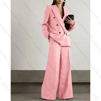 Chic Loose Dark Brown Double Breasted Women Pants Set High-end Female Two Pieces(Jacket+Trousers)أطقم بناطيل