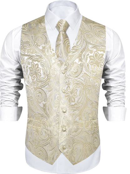 Men's Suit Vest & Tie Set – Champagne Golden Paisley Formal Waistcoat for Weddings & Business Events