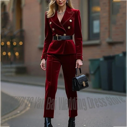 Red Velvet Double Breasted Women Suits Elegant Outfit with Belt Peak Lapel Slim Dinner Party Banquet Vintage Luxury Suit