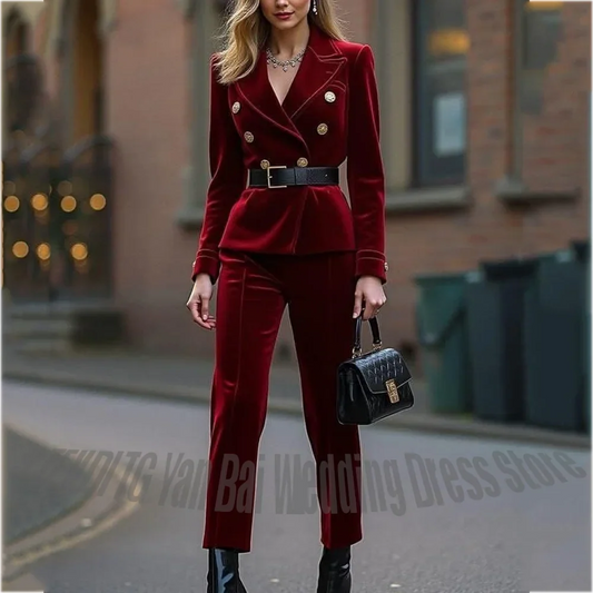 Red Velvet Double Breasted Women Suits Elegant Outfit with Belt Peak Lapel Slim Dinner Party Banquet Vintage Luxury Suit