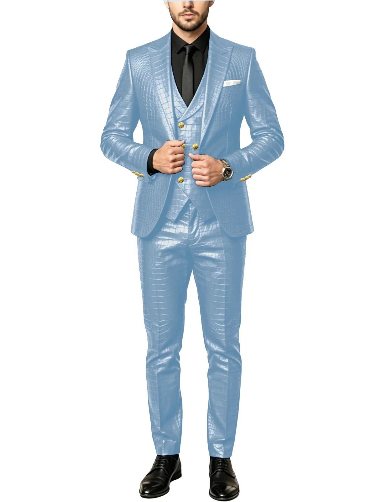 Men's 3 Piece Suit Crocodile Pattern Prime PU Leather Single Breasted Gold Buttons Slim Fit Wedding Dinner Party Formal Outfit ﻿