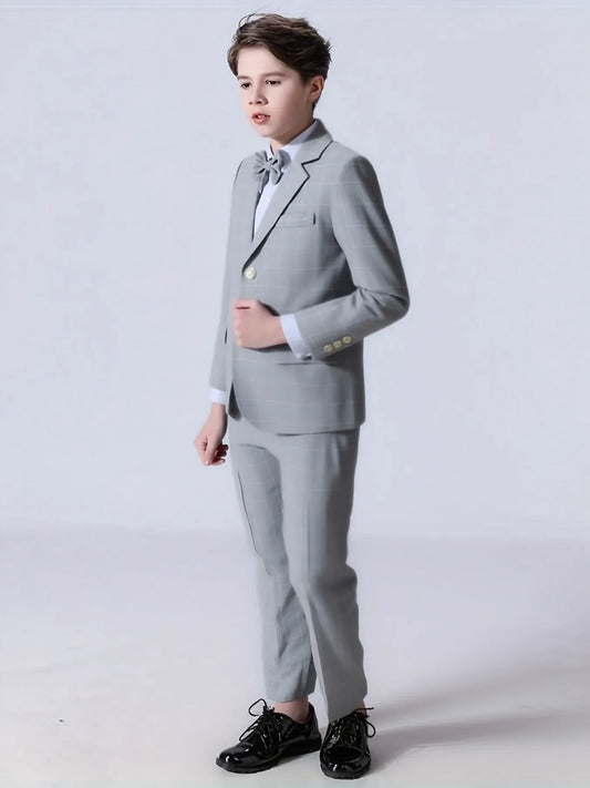 1-11Years Kid's 4Pieces Gray Plaid Suit Set With Blazer Vest Pants Bowtie Boys Wedding Birthday Prom Performance Costume