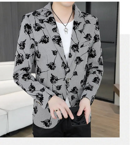 Blazer: Outdoor Fashion Business Gentleman Print Wedding Host Campus Slim-fit Casual Korean-style Youthful Versatile Men Blazer