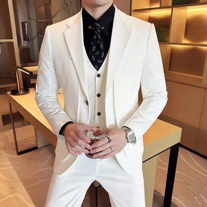 British Style Fake Two-piece Suit Set Men's Wedding Groom Dress 3 Piece Set Suit Vest Trousers Slim Office Business Casual Suits