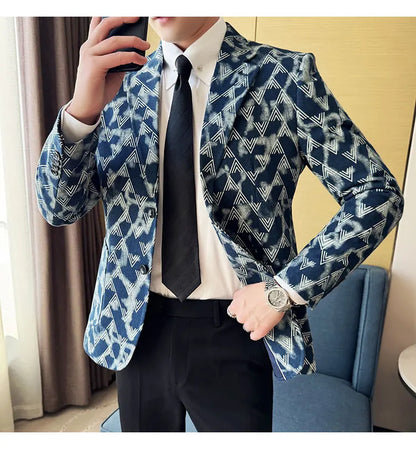 Jacquard Denim Korean Slim Fit Suit Coats 2025 New High Qualitys Fashion Men Slim Fit Business Formal Social Suit Jacket 4XL-M