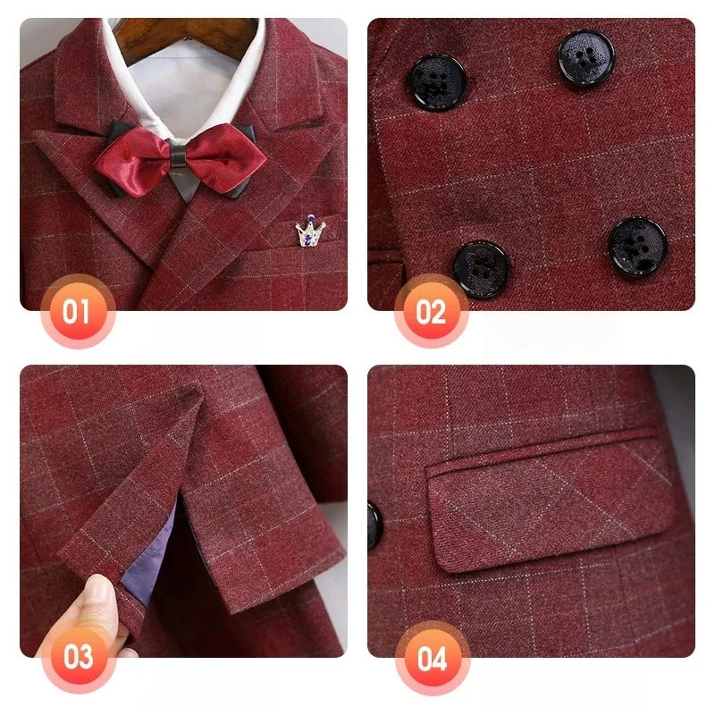 Flower Boys Wedding Outfit Kids Spring Autumn Jacket Vest Pants Bowtie Brooch 5Pieces Suit Set Children's Performance Costume