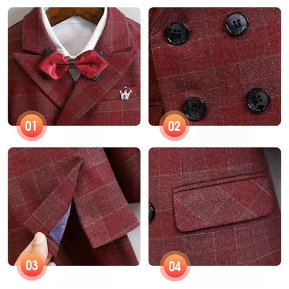 Flower Boys Wedding Outfit Kids Spring Autumn Jacket Vest Pants Bowtie Brooch 5Pieces Suit Set Children's Performance Costume