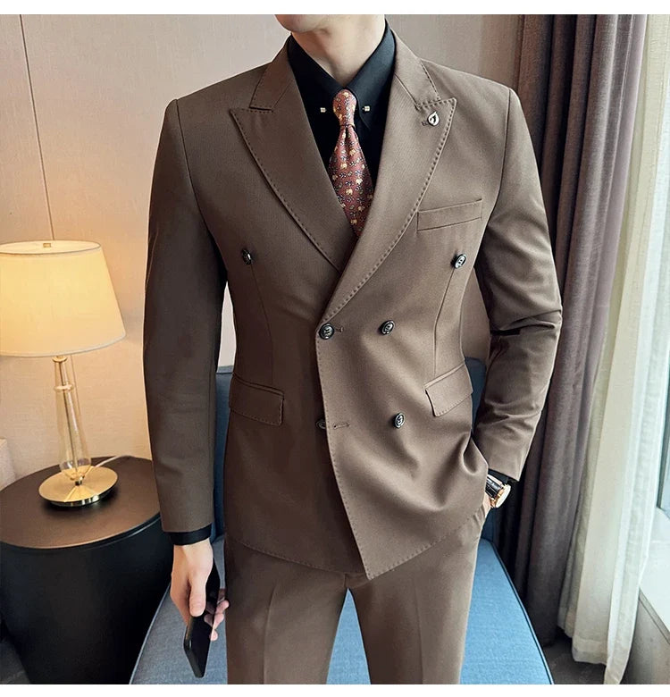 Men's Double Breasted Slim Fit Suit Set – Wedding & Smart Casual – Navy Blue, Brown, Black