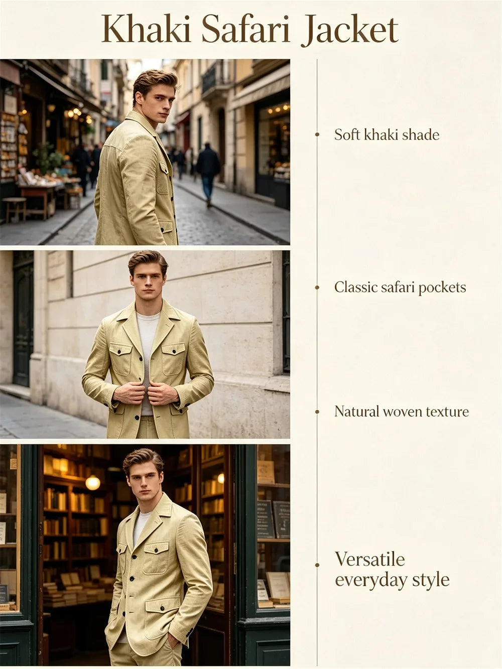 Men's Linen Safari Blazer Four Flap Pockets Slim Soft Jacket Casual Business Coat For Street Outdoor Vacation Party Daily Travel