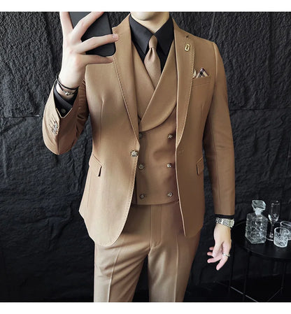 (Jackets+Pants+Vest) High Quality Men Slim Fit Party Tuxedos 3 Pieces Fashion Double Breasted Vest Design Business Wedding Suit