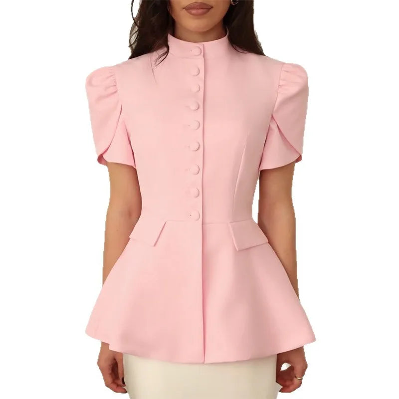 Women's 2025 Autumn New Fashion Fashion Blazer Jacket Stand Collar Button Front Solid Color Slim Fit Short Sleeve Waist Design