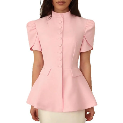 Women's 2025 Autumn New Fashion Fashion Blazer Jacket Stand Collar Button Front Solid Color Slim Fit Short Sleeve Waist Design