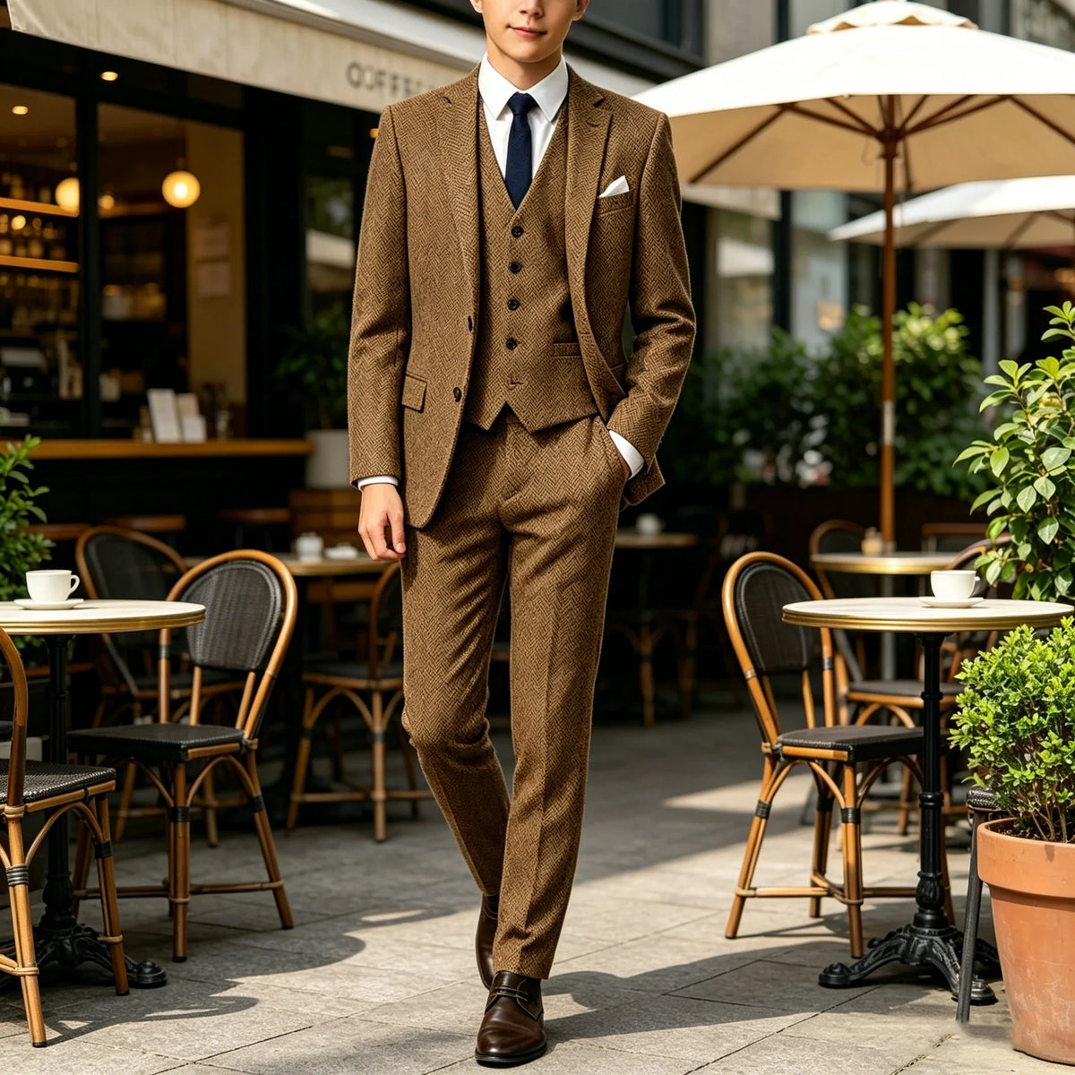 3-Piece Suit Men Herringbone Tweed Slim Fit Blazer Vest Pants Set for Wedding Business Formal