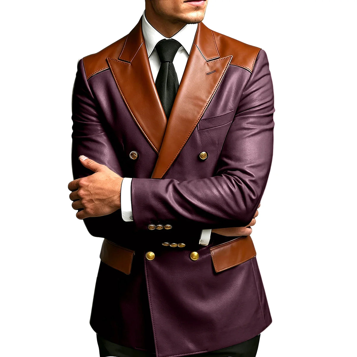 Luxury Men's Colorblock Leather Blazer Double Breasted Notched Lapel Business Casual Suit Jacket Fashion Formal Wear for Wedding