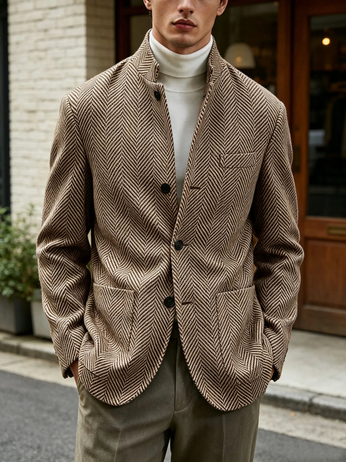 Men's Herringbone Tweed Stand Collar Blazer  Notch Lapel Slim Fit Wool Blend Sport Coat Business Casual Wedding Prom Man Jackets