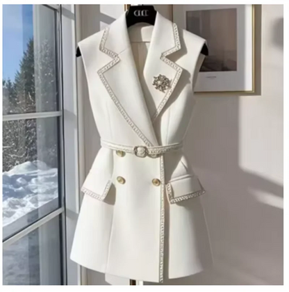 White Sleeveless Jacket with Belt Summer Cotton Suit Vest British Notched Double-breasted Office Lady Formal Elegant Waistcoat