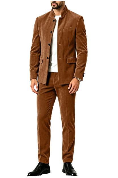 Men's Corduroy 2-Piece Suit – Mandarin Collar Single Breasted Blazer & Pants for Business & Formal Occasions