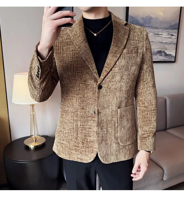 2025 Winter Chenier Thick Suit Jacket for Men Korean Slim Fit Casual Business Men Blazers Wedding Groom Office Social Dress Coat