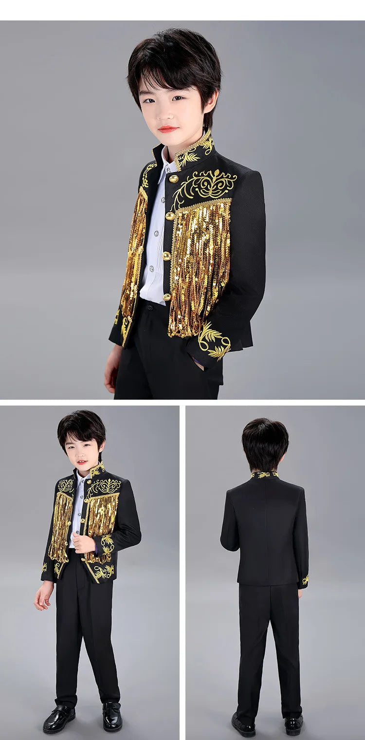 Boys Sequenant 2 Pieces/Set Jacket Pants Embroidery Paino Host Performance Dress Kids Stage Show Photography Suit Children's Set