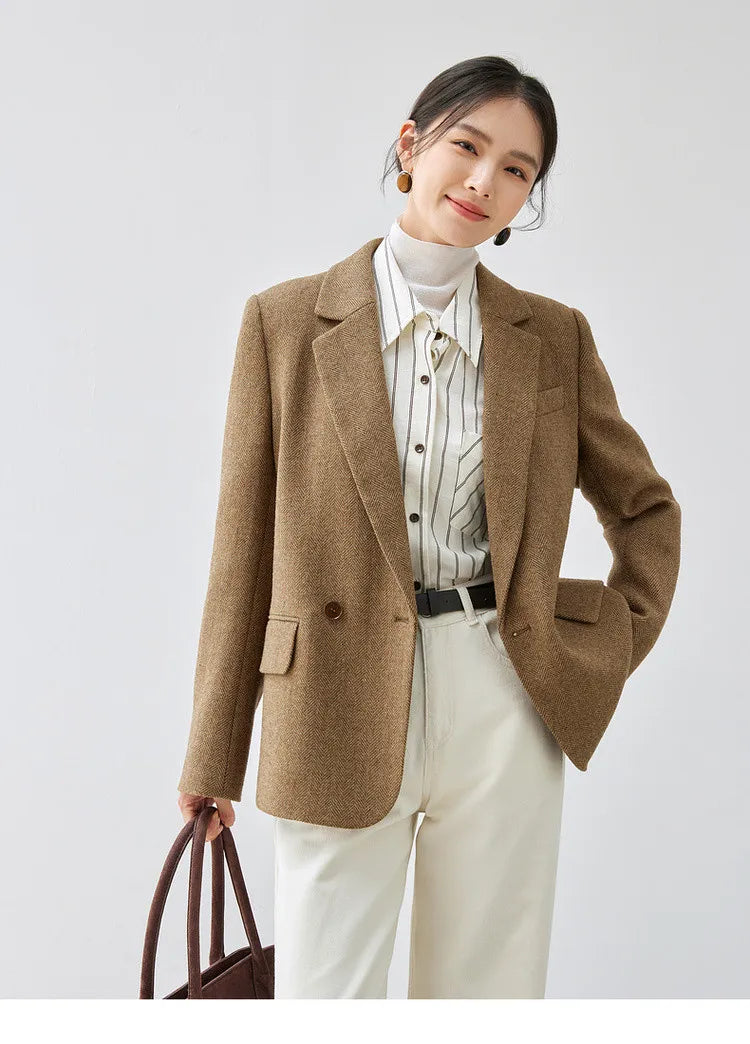 Wool Blend Tailored Blazer Coat Women Winter Straight Jacket 2026 England Style Fashion Female Outerwear 144X57016