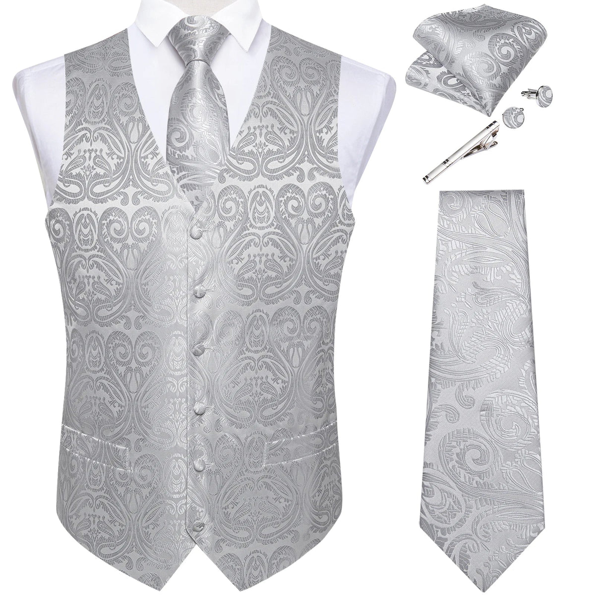 Men's Suit Vest Set with Tie, Handkerchief & Cufflinks for Wedding & Banquet